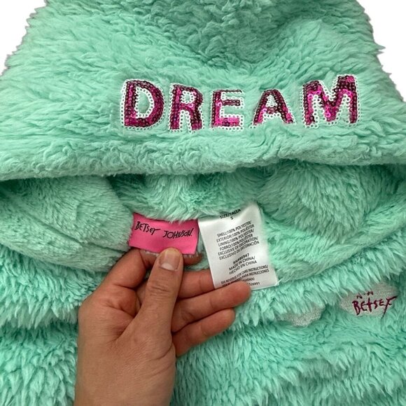 Betsey Johnson Teal Faux Fur DREAM Hoodie and Unicorn Rainbow Leggings Small - Picture 4 of 11